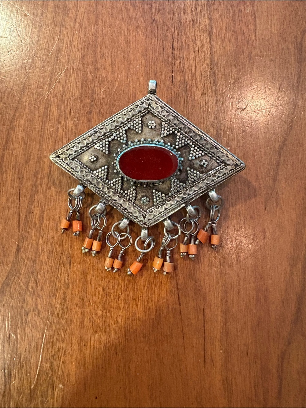 Silver-Tone Diamond Shaped Brooch/Pendant Red Cabochon and Orange Bead Fringe